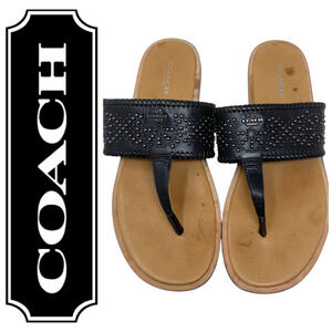 Coach Bernice Women's Sz 7.5 Black Studded Leather Thong Flat Sandals Resort